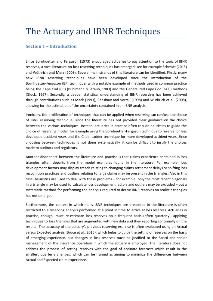 The original early draft, headed The Actuary and IBNR Techniques, opening with the problem of choosing a reserving method