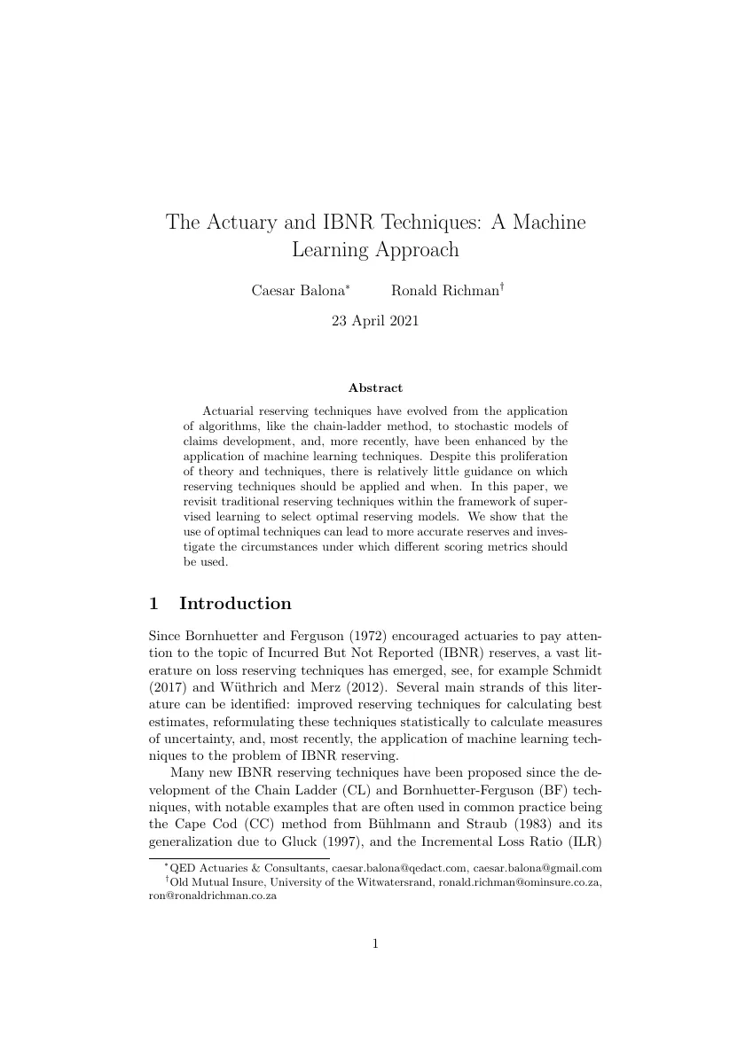 First page of the paper, The Actuary and IBNR Techniques: A Machine Learning Approach